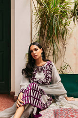 Steel Grey silk shirt with violet velvet  applique (three piece set)