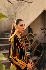 Marigold silk shirt with brown velvet applique (two piece set)