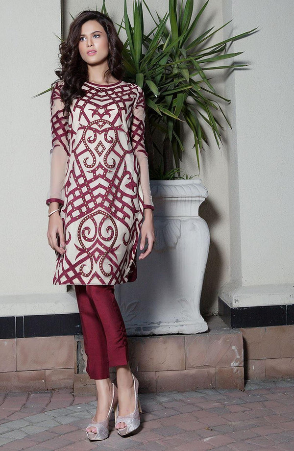 Burgundy Dress with Silk applique (two-piece set)