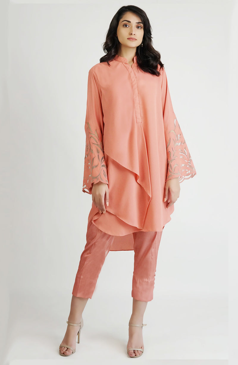 Pink tunic with applique cutwork sleeves (one piece)