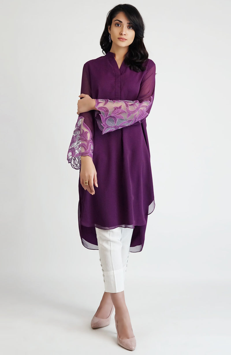 Violet tunic with hand crafted applique sleeves (one piece)