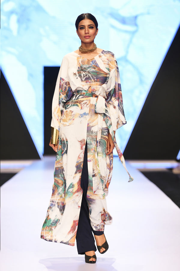 KIMONO MAXI WITH BELT- WATER MARBLE PRINT 