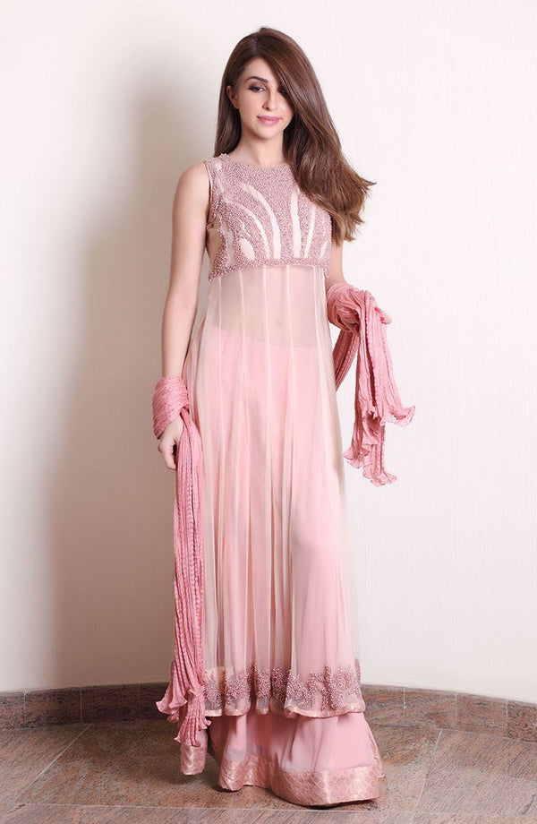 Pink Long Tunic- pearl embellished  (three piece set))