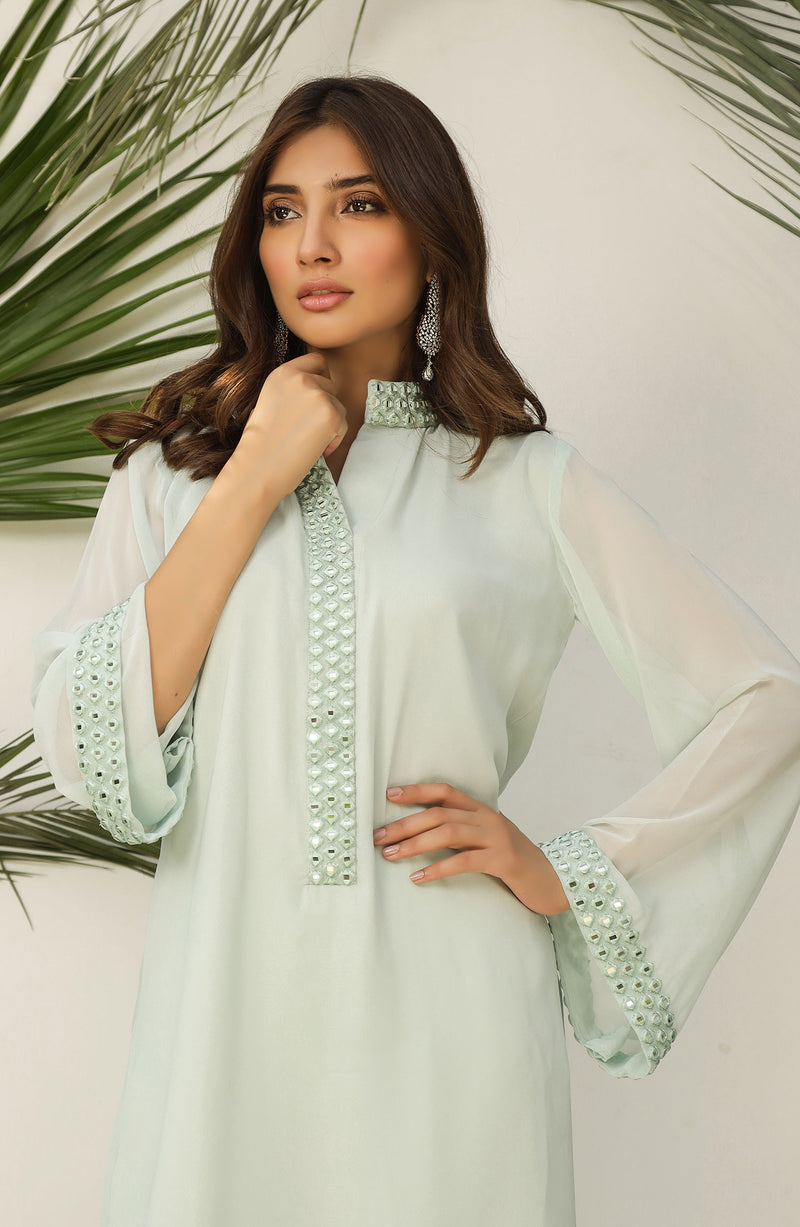 Peppermint Green Dress, with mirror work (two piece set)