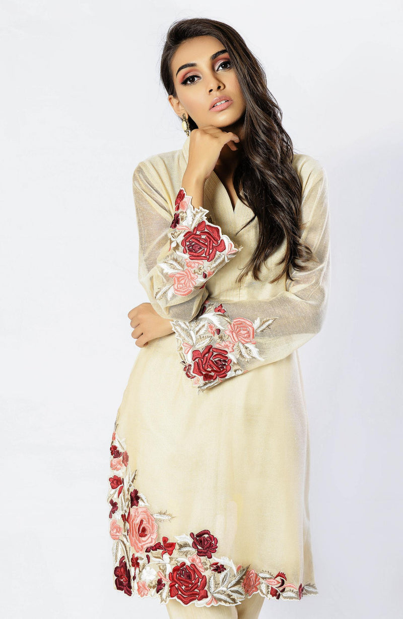 Beige Canvas Tunic with floral embroidery (two piece set)