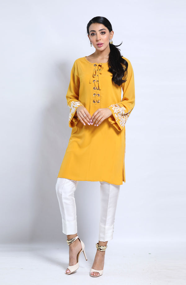 Yellow Tunic-riveitted neckline.