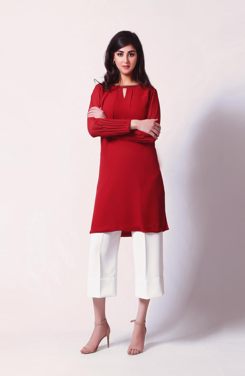 Red Tunic-Solid Hue- Chain Detailed Neckline.