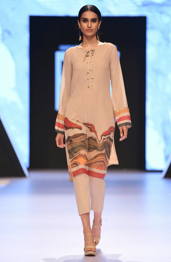 Beige Canvas Kurta in marble print (2 Pc Set)