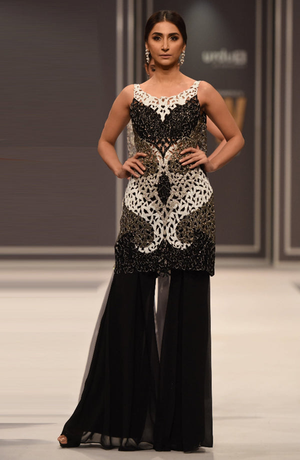 Black Dress with beaded cut work top (three piece set)