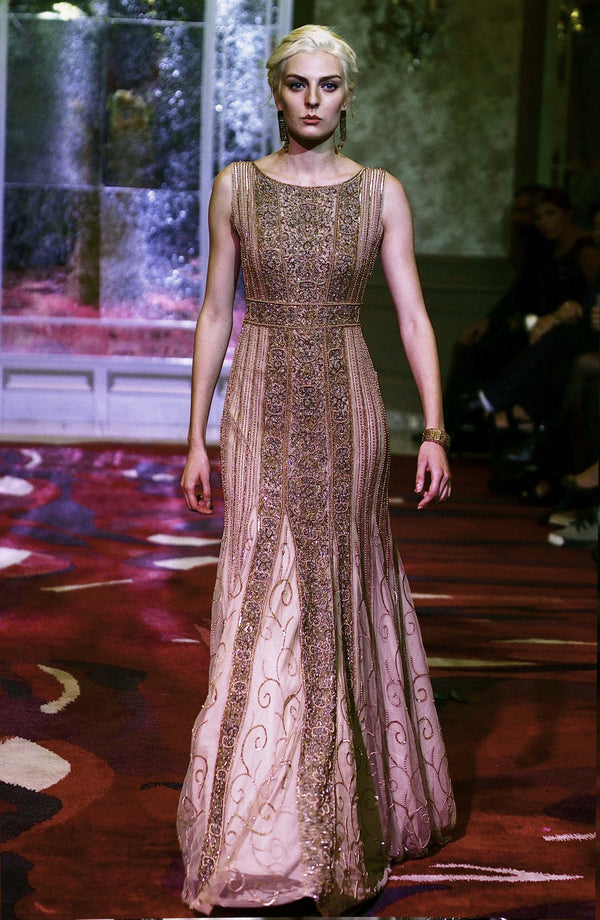 Gown In hues of gold and champagne.
