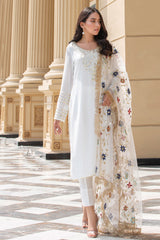 White mirror work neckline with multihued embroidered duppatta (three piece set)