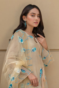 Gold cotton zari embroidered tunic and dupatta (three piece set)