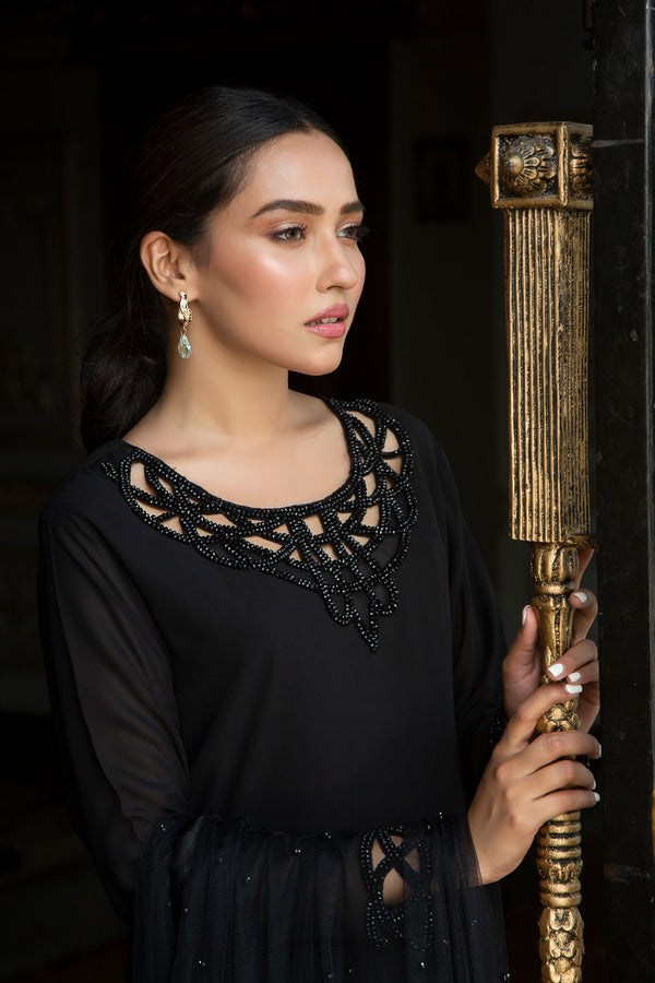 Black hand embellished neckline and sleeves (three piece set)