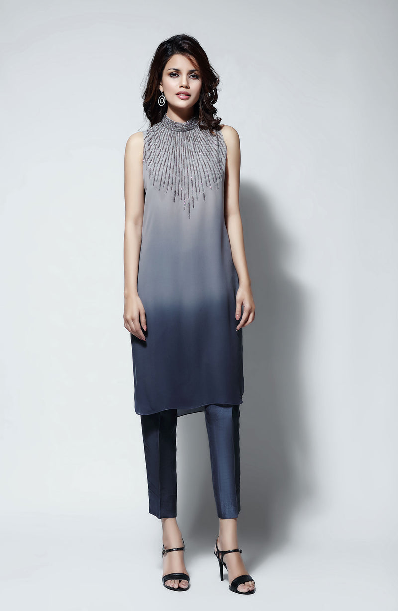 Grey Dress-Crystal neckline (2 pc set)