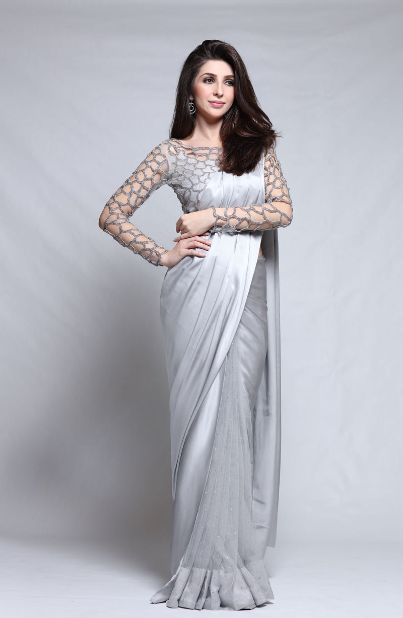 Grey Sari with Silver cutwork blouse (2 Pc set).