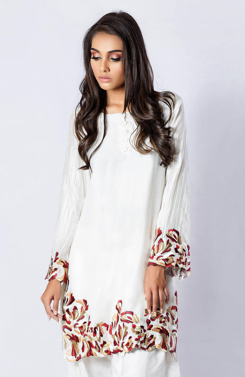White tunic with multi embroidery (two piece set)