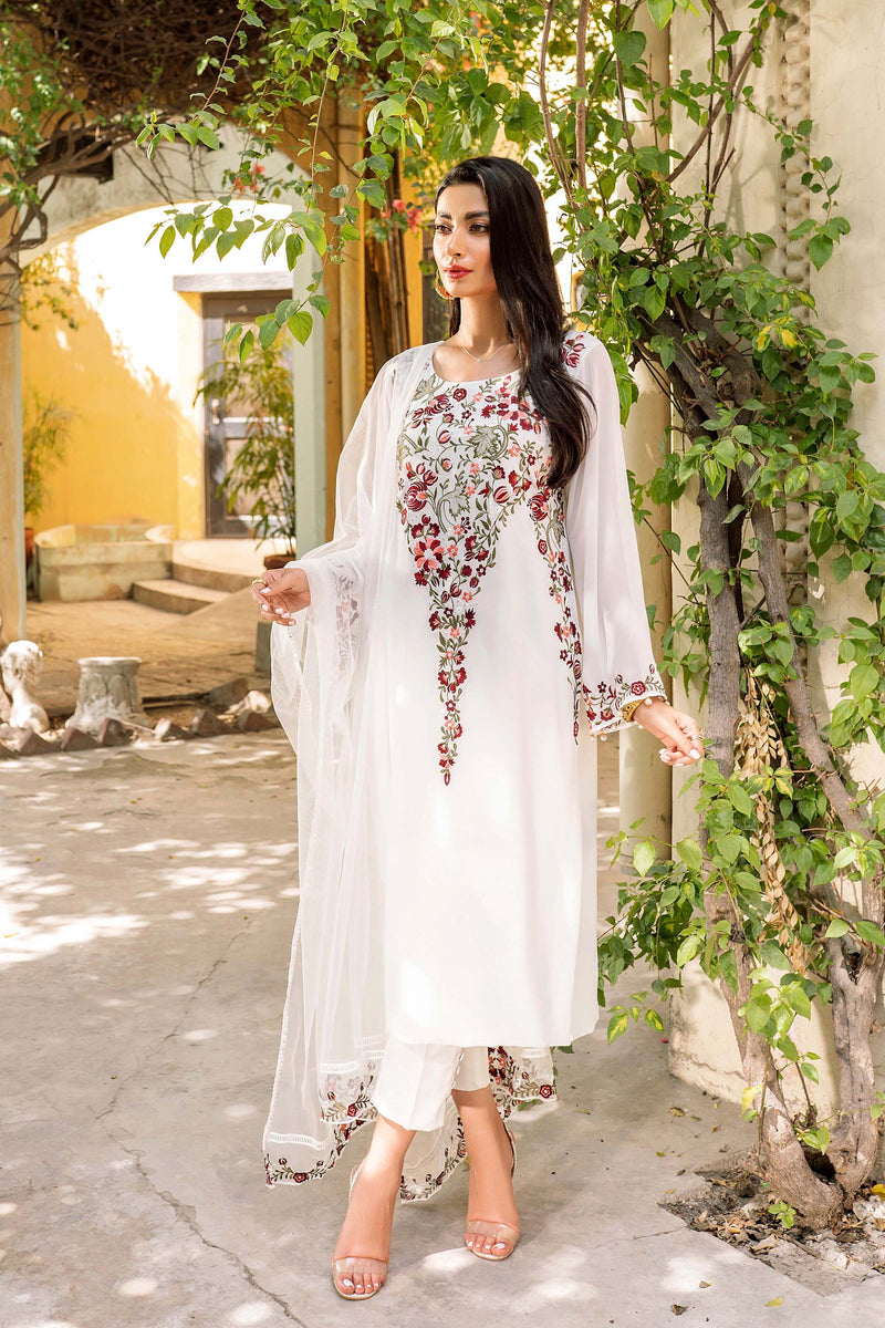 White floral multi embroidered shirt (three piece set)