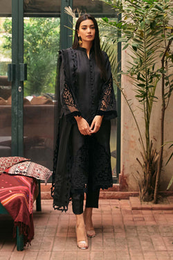 Black silk shirt with velvet applique on net (three piece set)