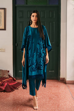 Teal Chamois silk shirt withmonochrome  velvet applique  (two piece set)