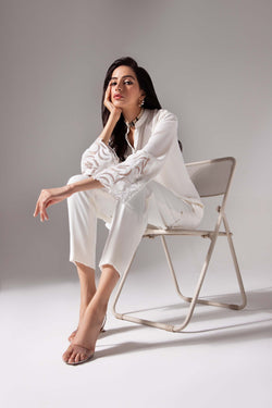 White tunic with net applique sleeves (one piece)