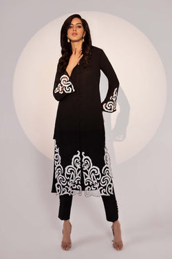 Black tunic with white applique sleeves and border (one piece tunic)