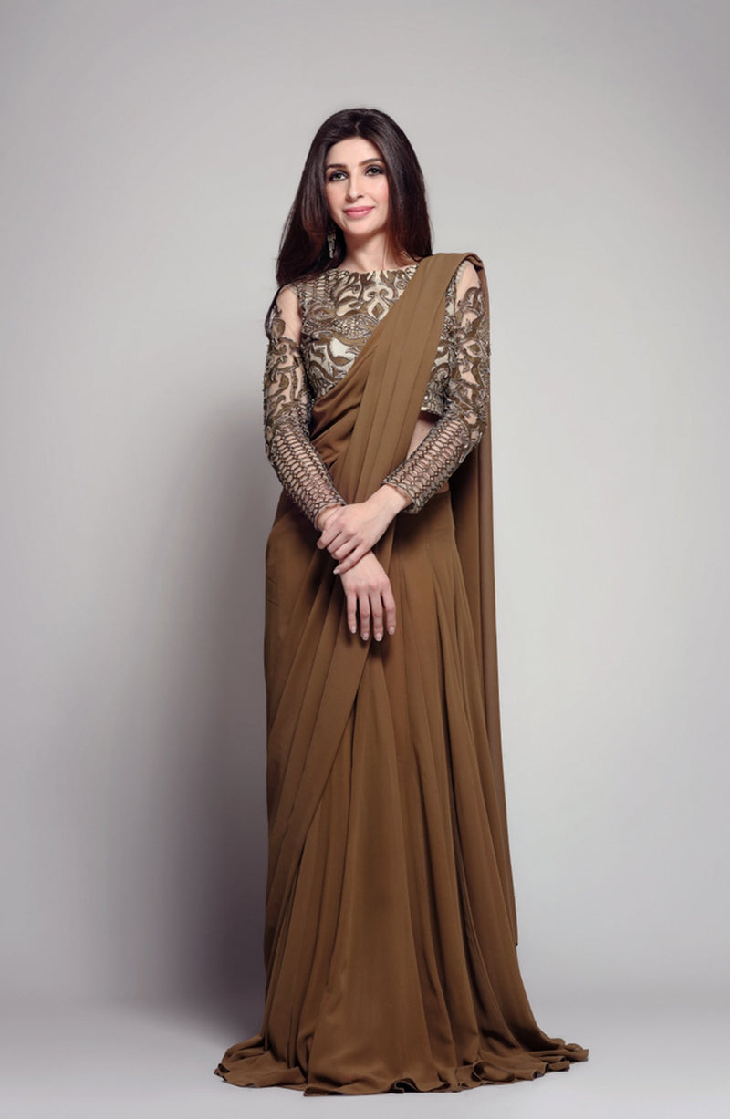 Lehenga sari & Khaki blouse (two-piece set).