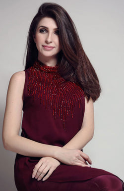 Maroon Dress-Crystal detailed neckline (2 pc set)