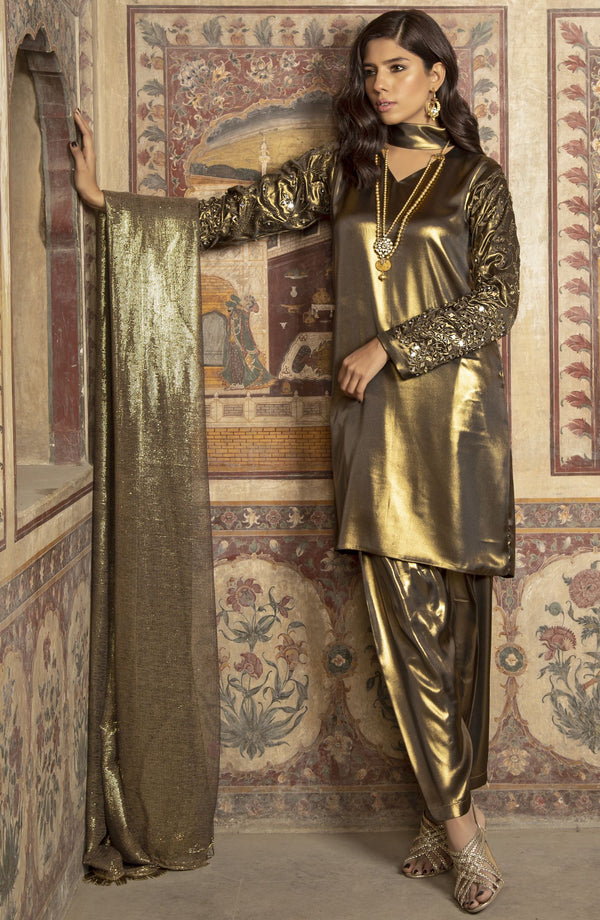 Bronzed Gold Kurta with mirror-work