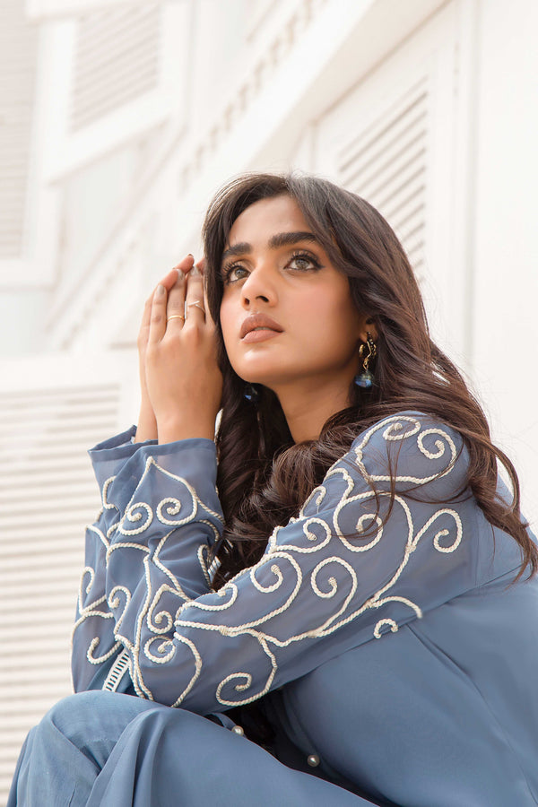 Fern Blue tunic with handworked dori sleeves (three piece set)
