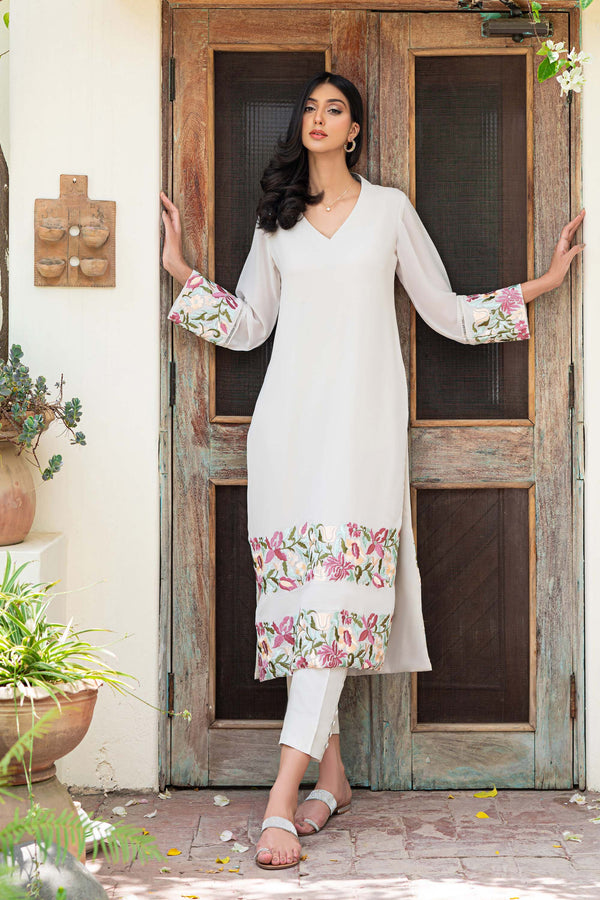 Nude floral multi embroidered (three piece set)