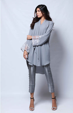 Grey-Layered Tunic With Organza Insert Sleeves ( Two Piece Set)