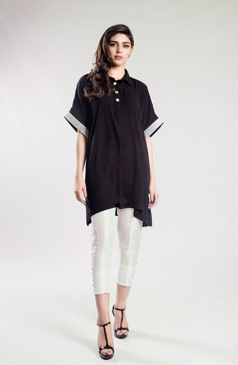 Black Solid box tunic with  embroidered sleeves (one piece)