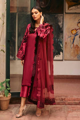 Ruby red silk shirt with burgundy velvet applique (three piece set)